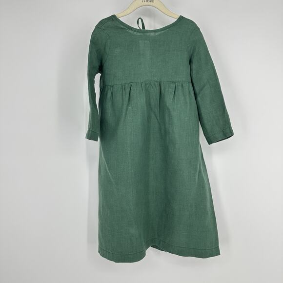 Hand made 100% Linen Girls 4T Midi Dress 3/4 Sleeve Green Cottage Core Boho